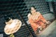 A woman in an orange dress standing in front of a cage.